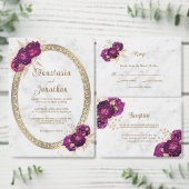 Sticker Rond Élégant Mariage Fuchsia rose Floral Or encadré (Personnalisez la collection de ce créateur indépendant.)