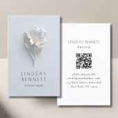 Carte De Visite Elegant Minimalist Floral White Blue QR Code