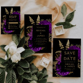 Invitation Moody Dark Floral Purple Gold QR Code Mariage