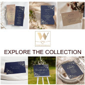 Elegante Marine Blauw en Goud Bloemen Huwelijk All In One Uitnodiging
