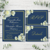Elegant Navy Blue Gold Script Menu Photo Info Card (Personnalisez la collection de ce créateur indépendant.)