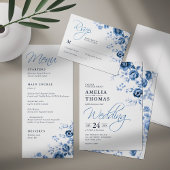 Invitation Élégant Script Français Blue Floral Toile Mariage