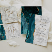Invitation Mariage Moderne Support Marbre Agate Sarcelle Or