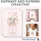 Invitation Eléphant mignon et fleurs Baby shower rose