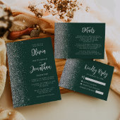Invitation Vert émeraude Mariage Calligraphie Argent Paillett
