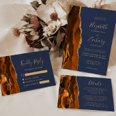 Invitation Moderne Brûlé Orange Or Agate Marine Mariage bleu