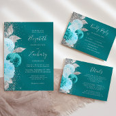 Invitation Mariage de code QR gris argenté Turquoise Floral