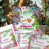 Sticker Rond Cute Girl Dinosaur 4th Birthday Party