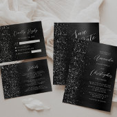 Glam Black Brushed Metal Glitter Script Wedding Kaart