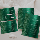 Glam Emerald Green Glitter Brushed Metal Wedding Menu