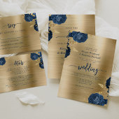 Invitation Navy Blue Floral Gold Brushed Metal Wedding