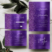 Invitation Glam violet brossé métal QR Code Mariage