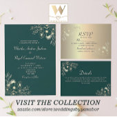 Emerald Green Gold Floral Wedding Kaart