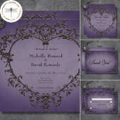 Invitation Tout En Un Code QR gothique noir et violet en fibre de coeur