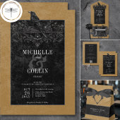 Gothic Black Raven & Black Rozen Gold QR-code All In One Uitnodiging