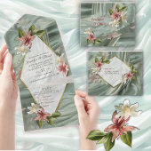 Groen, Crème, Zijden Drapes & Rozeachtige Bloemen All In One Uitnodiging