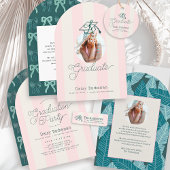 Invitation Green Cap Pink Stripes Bow Graduation Announcement