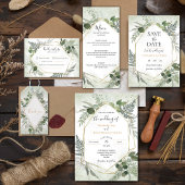 Greenery boho gold watercolour geometric wedding all in one uitnodiging