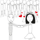 dessin de mariée avec des cravates de coeur rouge