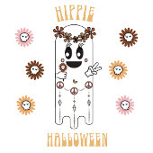 T-shirt Retro Hippie Halloween Ghost & Flower Skulls