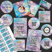 Autocollant rond code QR iridescent et texte perso