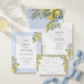 Lemons With Blue Stripes Citrus Wedding Invitation