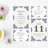 Numéro De Table Talavera Blue Floral Minimalist Spanish Wedding