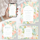 Turquoise Peach rose Floral Faire-part de mariage 