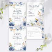 Save The Date Élégant Mariage bleu et or floral