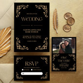 Cartons Réponse Modern Deco | Black and Gold Wedding QR Code