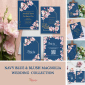 Cartons Réponse Navy Blue Pink Magnolia Floral Wedding Reply By