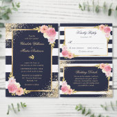 Invitation Blush Rose Floral Navy Bleu Blanc Mariage rayé (Personnalisez la collection de ce créateur indépendant.)