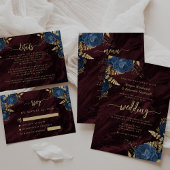 Invitation Navy Blue Gold Floral Burgundy QR Code Wedding