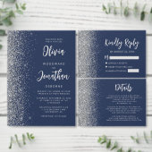 Invitation Mariage Code QR Script Pailleté Bleu Marine Argent (Personnalisez la collection de ce créateur indépendant.)