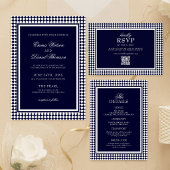 Invitation Mariage avec code QR et bordure Harlequin bleu mar