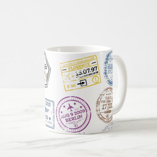 Collection of Passport Stamps Isolated on White. V Koffiemok (Voorkant rechts)