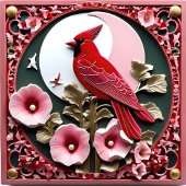 Carreau Panneau sculpté oriental : Cardinal et Hollyhocks