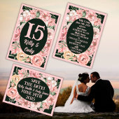 Invitation Fleur rose et beige ovale sur Mariage vert profond