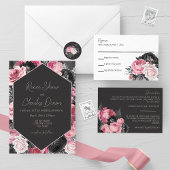 Carte RSVP mariage Rose rose et noir