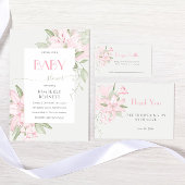 Invitation Fleurs Lys roses Baby shower Feuille vert