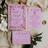 Invitation Retro Pink Raspberry Drawn Floral Garden Wedding
