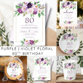 Serviette En Papier Pourpre | Violet Floral 80e anniversaire