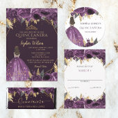 Carte Postale Faire-part Faire part de Quinceañera floral or et violet