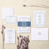 Invitation Mariage à la vigne de rose décousue bleu monogramm (Personnalisez la collection de ce créateur indépendant.)