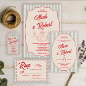 Invitation Red Script Blue Lines Retro Wedding Save the Date
