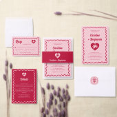 Carte D'accompagnement Retro Wavy Frame Red Pink Cupid Wedding Details (Personnalisez la collection de ce créateur indépendant.)