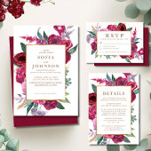 Invitation Romantic Luxe Red Maroon Watercolor Floral Wedding