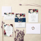Rustieke Bourgogne Navy Blue Floral Wedding Menu (Personaliseer de collectie van deze zelfstandige maker.)