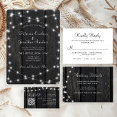 Carte D'accompagnement Rustic barn wood string lights wedding QR RSVP