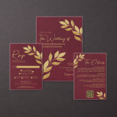 Carte D'accompagnement Mod Leaves Burgundy Gold Wedding Details QR Code (Personnalisez la collection de ce créateur indépendant.)